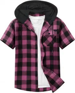 Мужская клетчатая толстовка с капюшоном летняя на пуговицах с коротким рукавом