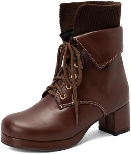 Женские модные ботильоны на каблуке с шнуровкой, круглый носок, платформой и массивным каблуком, средней длины, стильные носки, короткие ботинки JOEUSTY, Brown