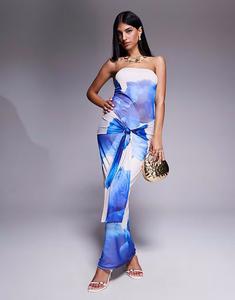 Эксклюзивное платье-макси Kaiia из двухслойной обтягивающей сетки с цветочным узором, завязкой на талии и драпировкой в ​​синем и цвете слоновой кости