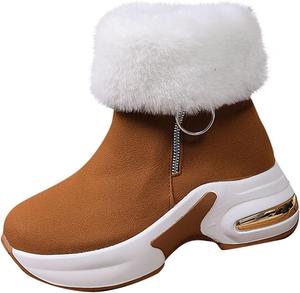 Generic Коричневые слипоны для женщин: пушистые зимние теплые удобные короткие ботинки на высоком каблуке с круглым носком, обувь для снега и походов на открытом воздухе