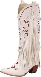 Женские ковбойские высокие сапоги IWIHMIV с низким широким каблуком, на молнии, с вышивкой в стиле кантри, широкие голенища, White