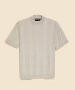 Льняной полосатый свитер с высоким воротником и короткими рукавами