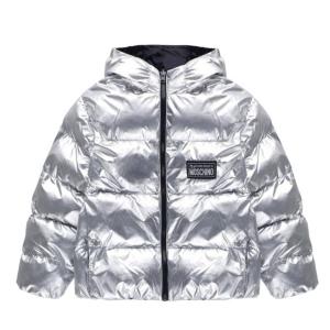 Moschino Мальчики Двусторонняя Нейлоновая Куртка с Капюшоном на Пуху, серебряный