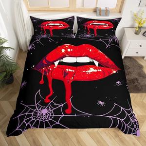 Erosebridal Комплект постельного белья Gothic Halloween с 3D принтом красных губ и паутины, реверсивный красно-фиолетовый, Red Purple