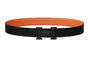 HERMES Кожаный ремень Того женский черно-оранжевый, Black/Orange