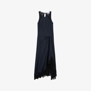 Платье миди Reiss Anais из сатина асимметричного кроя с круглым вырезом и кружевом, синий