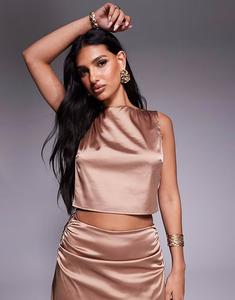 Укороченный атласный топ с вырезом-лодочкой цвета мокко Tfnc