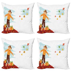 ABAKUHAUS Осенний комплект чехлов на подушки с тыквой (4 предмета), Пугало и фрукты, Современная двусторонняя цифровая печать, 40 см x 40 см, Многоцветный