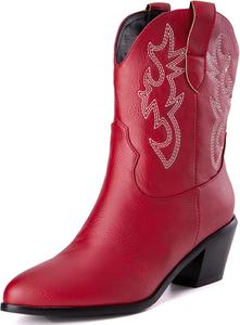 Женские ботинки выше щиколотки Alsoloveu в ковбойском стиле с вышивкой, западного типа, с заостренным носком и средним каблуком, Red
