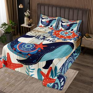 Erosebridal Бохо комплект постельного белья с китами и морскими животными в сине-красно-белой гамме, мягкий стеганый, Blue Red White