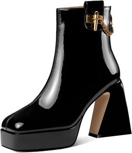 Женские ультрамодные ботильоны TinaCus с квадратным носком, на высоком массивном каблуке платформы, из лакированной кожи, ручная работа, молния с цепочкой, Black