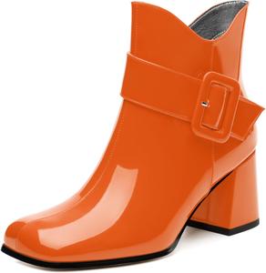 Женские ботильоны средней высоты с квадратным носком и толстым каблуком, короткие ботинки, модные с боковой молнией, однотонные лакированные ботильоны, удобные повседневные рабочие ботинки GUAVAIVY, Orange Patent