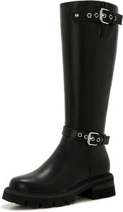 Женские высокие сапоги ZXHYZLZ до колена с боковой молнией - черные массивные сапоги на платформе с ремешками и пряжками, подошва с протектором - модный панк-мото стиль