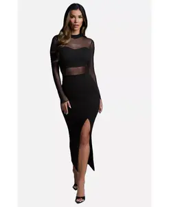 Женское платье макси с ребристой имитацией горловины и вставками из сетки Powermesh Bebe, черный