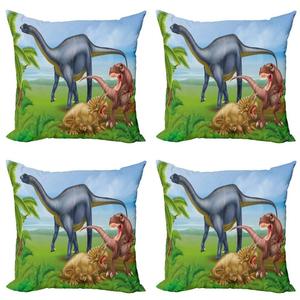 ABAKUHAUS Набор чехлов для подушек с динозаврами (4 предмета), Различные животные в джунглях, современная двусторонняя цифровая печать, 40 см x 40 см, разноцветные