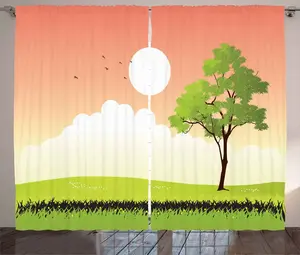 Штора ABAKUHAUS Grass Rustic, Летний деревенский пейзаж, универсальные ленточные шторы для гостиной с петлями и крючками, 280 x 245 см, цвет: зеленый, лососевый, кремовый Abakuhaus