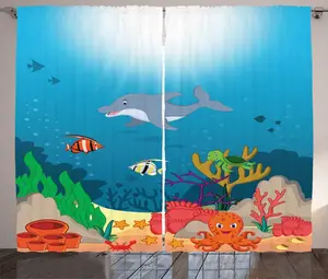 Штора ABAKUHAUS Deep Sea Rustic, Happy Creatures and Reef, универсальная ленточная штора для гостиной с петлями и крючками, 280 x 225 см, цвет: темно-синий, многоцветный Abakuhaus