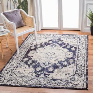 Ковер SAFAVIEH, 122 x 171 см, Monaco Collection, цвета ivory и navy, дизайн в стиле бохо с медальоном и эффектом потертости, не линяет, прост в уходе, идеален для помещений с высокой проходимостью: прихожая, гостиная, спальня (MNC243C)