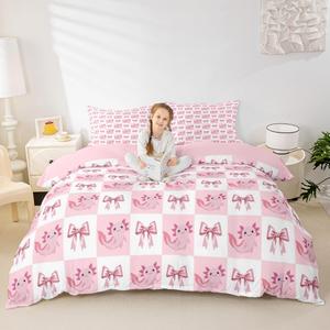 Erosebridal Комплект постельного белья с новогодним аксолотлем в розовую клетку и бантом, Pink White