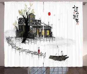 Штора ABAKUHAUS в корейском деревенском стиле, пейзаж с каллиграфией, универсальная, для гостиной, с петлями и крючками, 280 x 225 см, темно-серо-белый Abakuhaus