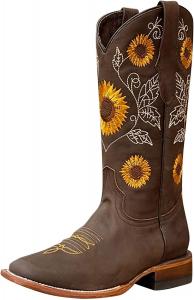 Женские сапоги ZBYY до колена, зимние с квадратным носком, вестерн-ковбойские, средняя голень, низкий каблук, ботильоны с цветочной вышивкой, Coffee