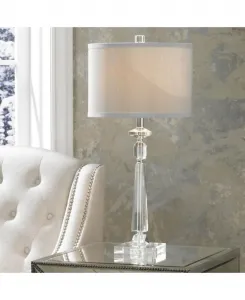 Настольная лампа Aline высотой 26 1/5 см, традиционный стиль, прозрачный хрусталь, одинарный серый абажур, для гостиной, спальни, прикроватная тумбочка Vienna Full Spectrum