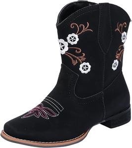 Женские вышитые ботинки ZBYY с цветочным рисунком, открытым носком, на низком каблуке, винтажные ковбойские ботинки, зимние короткие западные ботинки до щиколотки, 5.5 Black