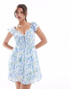 Мини-платье Hollister с короткими рукавами, присборенной талией и цветочным принтом