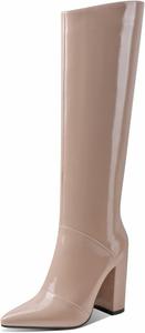 Женские сапоги CYNLLIO до колена с массивным высоким каблуком и заостренным носком, модные сапоги с широкой голенью, средней длины, для вечеринок, платья и езды, 2Nude