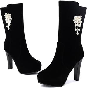 Женские замшевые ботильоны на высоком каблуке-стилете с круглым носком, боковой молнией и жемчужным декором, короткие удобные ботильоны до середины голени с носочной посадкой DEVILEYEZE, Black