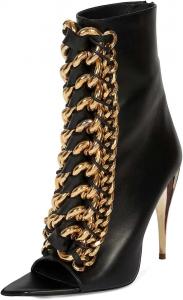 Женские сексуальные короткие ботильоны XYD с острым носком, золотыми цепочками, высоким конусным каблуком, на щиколотку, для вечеринок, сзади на молнии, клубные туфли, Black