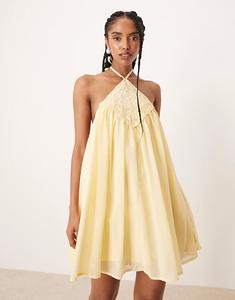 Платье-мини с вышивкой и воротником-халтер ASOS DESIGN лимонного цвета