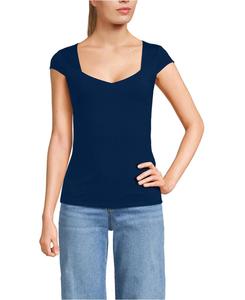 Женская трикотажная блузка с короткими рукавами, без застежек, двухслойная, с вырезом сердечко Lands' End, Deep sea navy