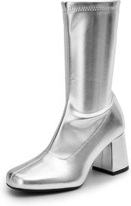 Женские сапоги DREAM PAIRS до середины голени с низким широким каблуком, квадратным носком и молнией, для вечеринок, косплея и танцев, Metallic Silver