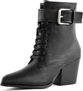 Женские ботильоны на массивном каблуке, шнуровка, боковая молния, ремешок с пряжкой, заостренный носок, удобная повседневная обувь для работы AIUZO, Black