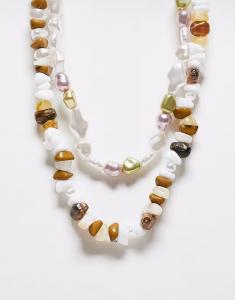 Ожерелье унисекс из двух рядов бусин коричневого и белого цветов Reclaimed Vintage