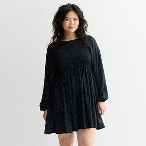 Платье-мини с длинным рукавом и присборенной талией Juniors plus size So, Black Dot