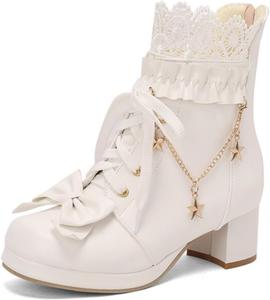 Женские ботильоны ZQW в стиле милой Лолиты с круглым носком, бантом из ленты, шнуровкой, средней устойчивой платформой, металлической звездной цепочкой и кружевом, осенне-зимние, для косплея, больших размеров, White