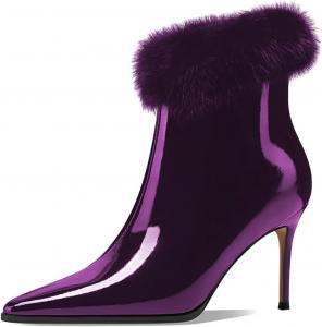 Женские ботильоны XYD из искусственного меха с высоким каблуком-стойкой, боковой молнией, короткие ботинки с заостренным носком, модная лакированная кожа, праздничные рождественские туфли, Purple