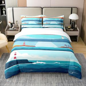 Erosebridal Комплект постельного белья из 100% хлопка с принтом прибрежного пейзажа, голубой океан, птицы и маяк, Deep Blue