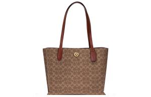 Сумка-шоппер Coach Willow из лакированного холста с кожаными вставками, женская, коричневая