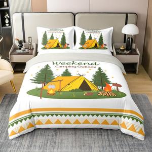 Erosebridal Комплект постельного белья Happy Camping из 100% хлопка с принтом костра в деревенском стиле, White Yellow
