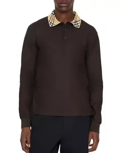 Хлопковая рубашка-поло с длинными рукавами и клетчатым воротником Burberry, коричневый