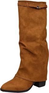 Женские зимние высокие сапоги до колена с отворотом, свободным верхом, массивным каблуком, высоким голенищем, заостренным носком, без застежки, длинные праздничные сапоги LZXBZAI, Brown