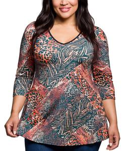 Туника большого размера с анималистическим принтом, V-образным вырезом и рукавами три четверти 24seven Comfort Apparel, Brown Multi