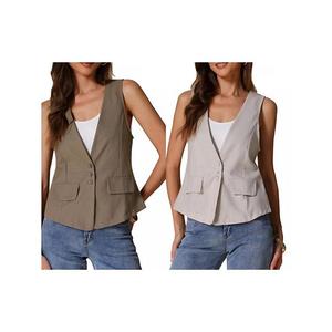 2 упаковки женский повседневный жилет из льна без рукавов Inspire Chic, Khaki Beige Gray