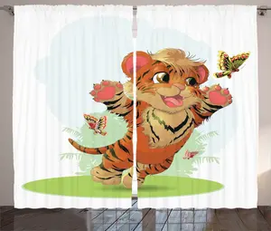 Штора ABAKUHAUS в деревенском стиле с рисунком львенка с бабочками, для спальни, со сборками, петлями и крючками, 280 x 225 см, цвет: оранжево-кремово-зеленый Abakuhaus