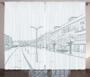 Штора ABAKUHAUS City Rustic, Пастельный эскиз, Городская панорама, Универсальные ленточные шторы для гостиной с петлями и крючками, 280 x 225 см, синий, серый, сланцево-голубой Abakuhaus