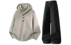 Толстовка Casual Sportswear утепленная с капюшоном унисекс X1617, oat sweater+черный fleece-lined pants