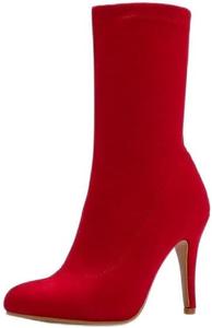 Женские замшевые ботильоны с растяжкой, заостренный носок, на шпильке, осенне-зимние, с носком средней длины, стиль «носка» ELSHTIDE, Red